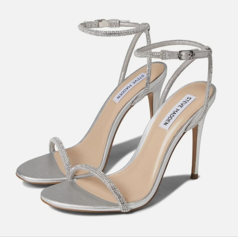 STEVE MADDEN Metallic Silver Ankle Strap Heels Size 8M NWT